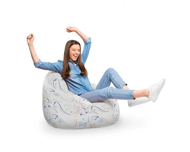 Fotoliu Puf Bean Bag tip Para XL alb cu linii albastre si crem