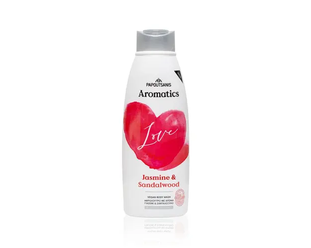 Gel de dus 100 vegan Love Aromatics cu parfum de iasomie si lemn de santal cu prebiotice vit E si aloe 600ml
