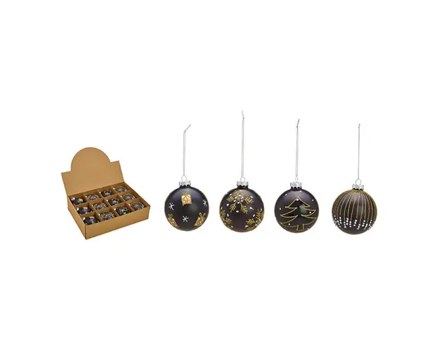 Set de 12 globuri din sticla negru cu auriu diametru 8 cm