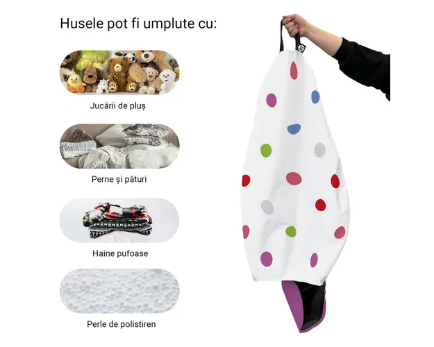 Husa fotoliu Puf Bean Bag tip Para L fara umplutura alb cu buline multicolore
