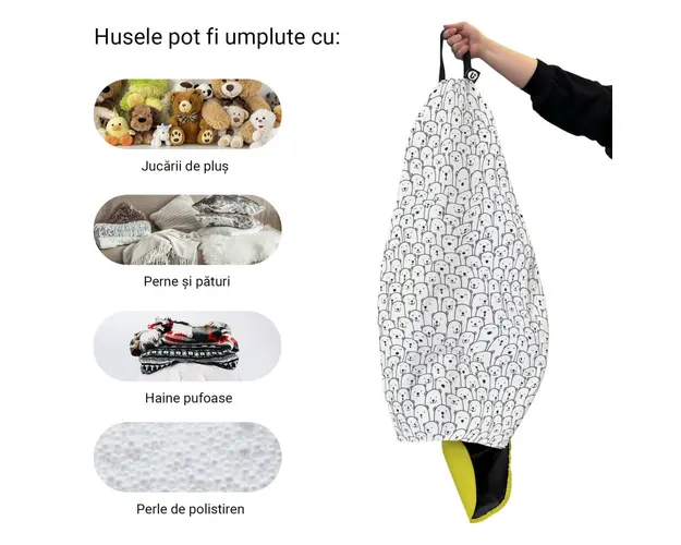 Husa fotoliu Puf Bean Bag tip Para L fara umplutura alb cu ursi