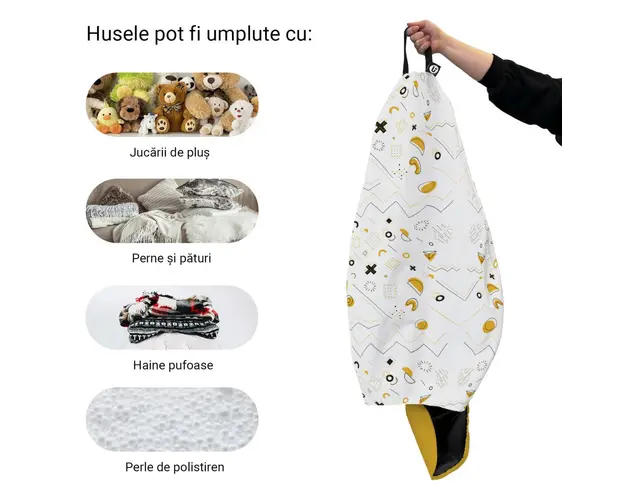 Husa fotoliu Puf Bean Bag tip Para L fara umplutura memphis alb cu galben