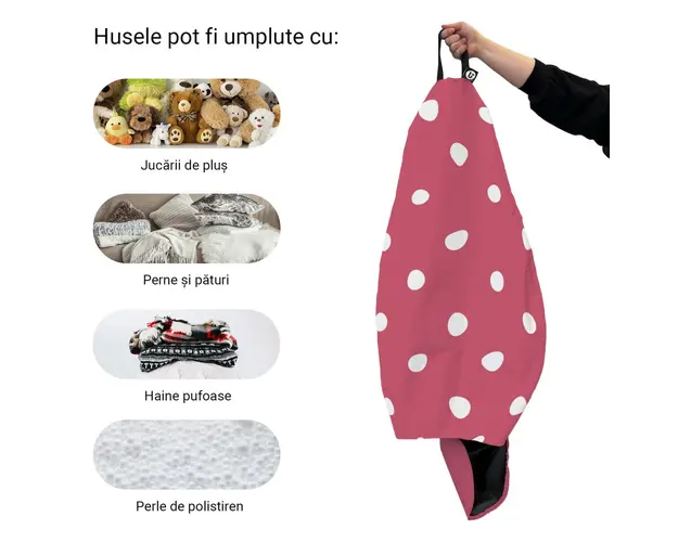 Husa fotoliu Puf Bean Bag tip Para L fara umplutura roz cu buline albe