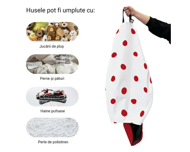 Husa fotoliu Puf Bean Bag tip Para XL fara umplutura alb cu buline rosii