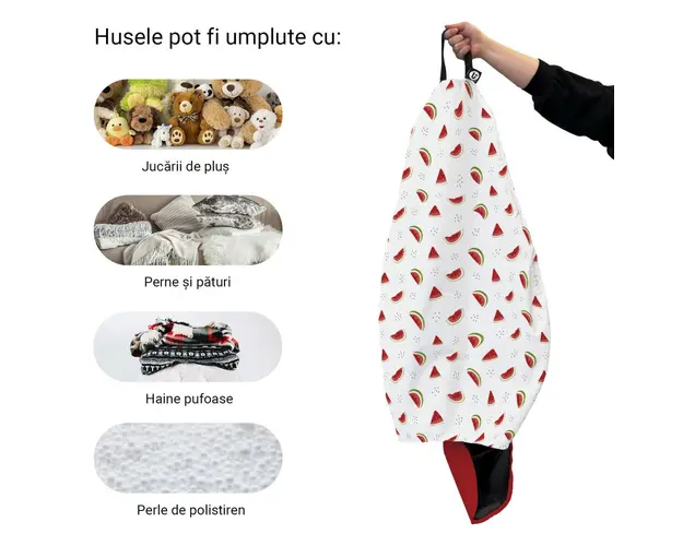Husa fotoliu Puf Bean Bag tip Para XL fara umplutura alb cu felii de pepene