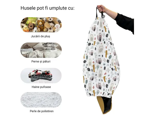 Husa fotoliu Puf Bean Bag tip Para XL fara umplutura arici si vulpe alb