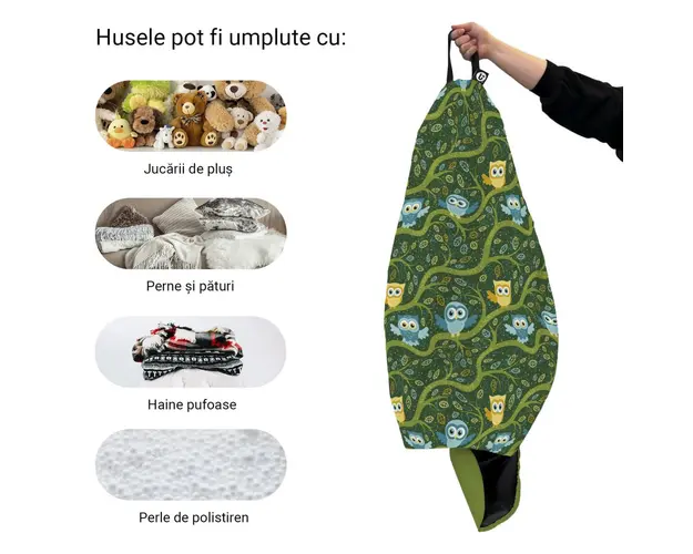 Husa fotoliu Puf Bean Bag tip Para XL fara umplutura bufnite verde