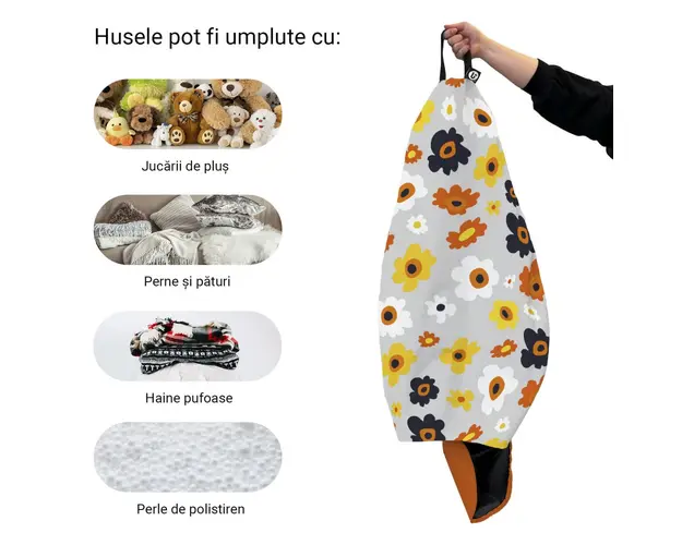 Husa fotoliu Puf Bean Bag tip Para XL fara umplutura Daisy fundal gri