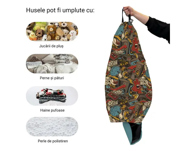 Husa fotoliu Puf Bean Bag tip Para XL fara umplutura Graffiti Retro maro