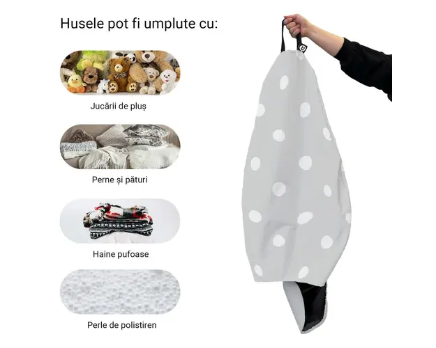 Husa fotoliu Puf Bean Bag tip Para XL fara umplutura gri cu buline albe