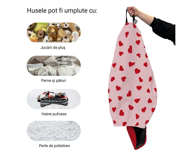Husa fotoliu Puf Bean Bag tip Para XL fara umplutura inimi fundal roz