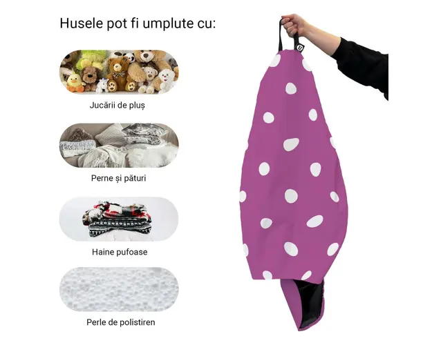 Husa fotoliu Puf Bean Bag tip Para XL fara umplutura mov cu buline albe