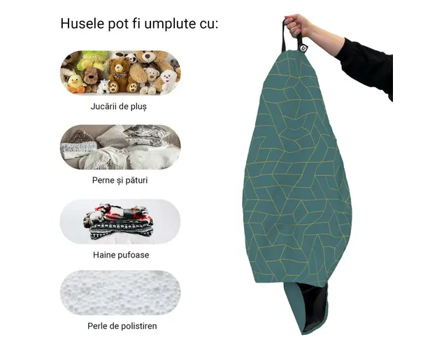 Husa fotoliu Puf Bean Bag tip Para XL fara umplutura turcoaz inchis si linii aurii