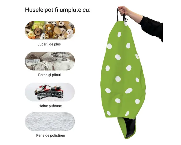 Husa fotoliu Puf Bean Bag tip Para XL fara umplutura verde cu buline albe