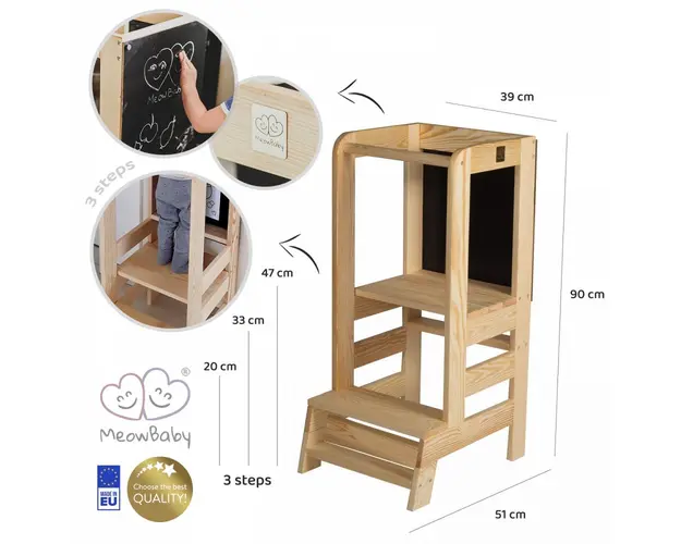 Inaltator multifunctional ajutor de bucatarie cu tabla de scris MeowBaby lemn natural