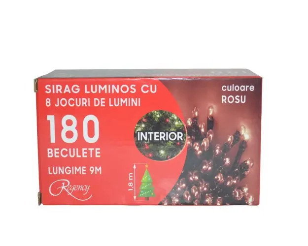 Instalatie de Craciun sirag luminos cu 8 jocuri de lumini 180 de beculete rosii