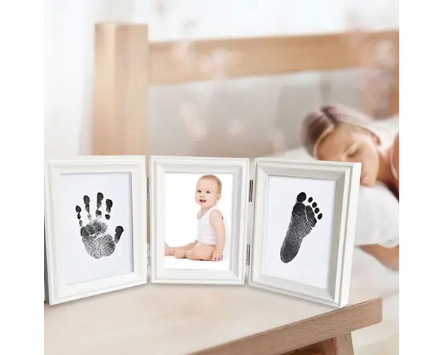 Kit rama foto tripla mobila cu cerneala pentru manuta si piciorus rama alba culoare ink albastru