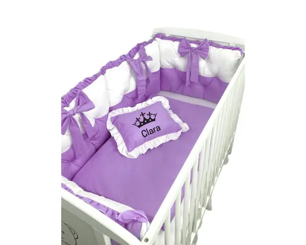 Lenjeria de pat Personalizata cu 4 perne aparatori matlasate, cearceaf cu volanas, pilota si pernuta 140x70 cm violet