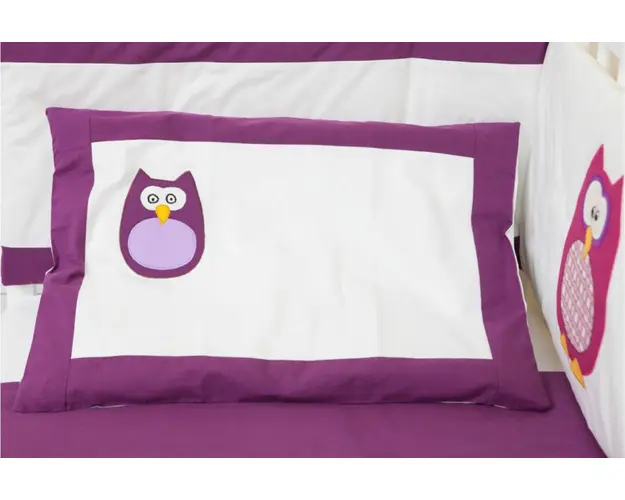 Lenjerie 3 piese pentru patut 60x120 cm Bufnite brodate mov