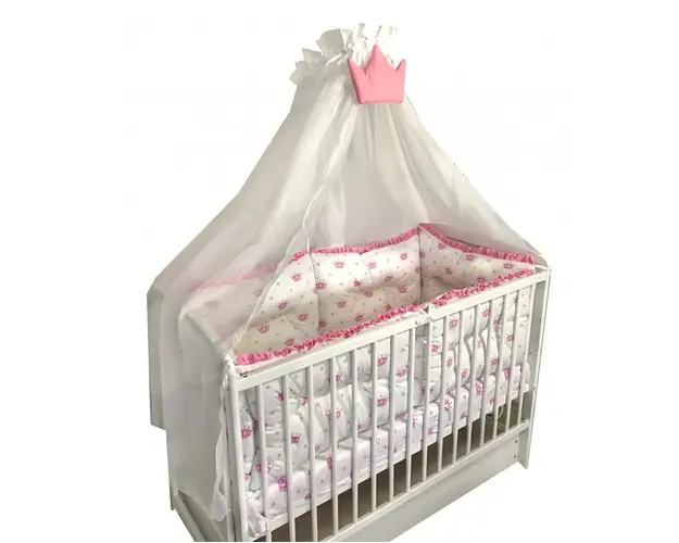 Lenjerie patut 120x60 cm cu 6 aparatori pufoase, cearsaf si paturica Coronite roz