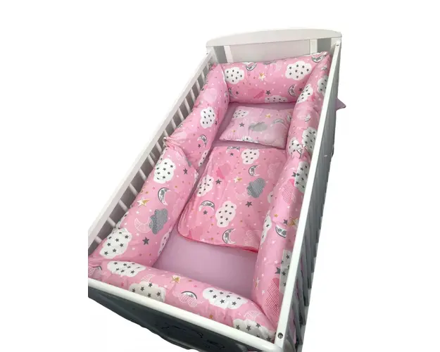 Lenjerie cu perne lungi pat 140x70 cm Norisori cu luna roz