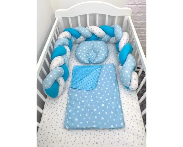 Lenjerie de pat 120x60 cm cu aparatoare impletita 180 cm mix stelute albastre