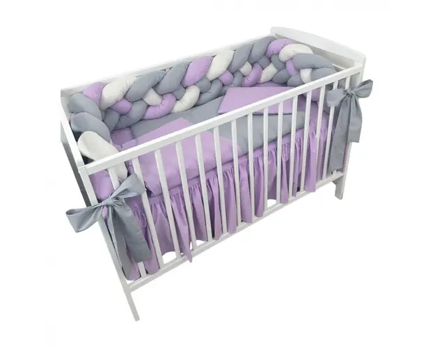 Lenjerie de pat 120x60 cm cu aparatoare impletita 240 cm cu paturica, pernuta slim si cearceaf lila-alb-gri