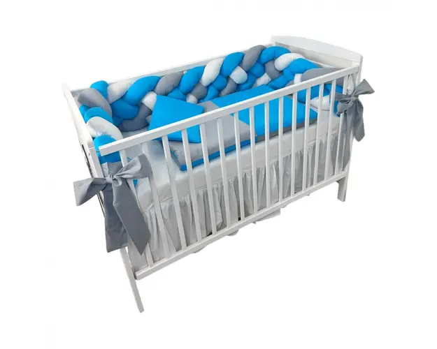 Lenjerie de pat 120x60 cm cu aparatoare impletita 240 cm cu paturica, pernuta slim si cearceaf turqoise-alb-gri