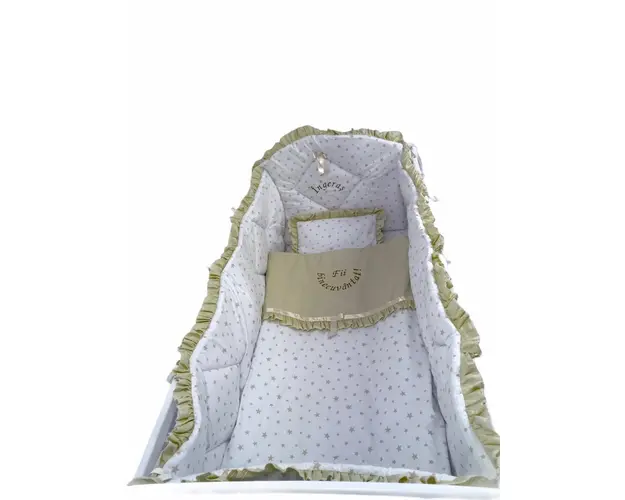 Lenjerie de pat bebelusi brodata Fii binecuvantat ingeras 120x60 cm stelute bej
