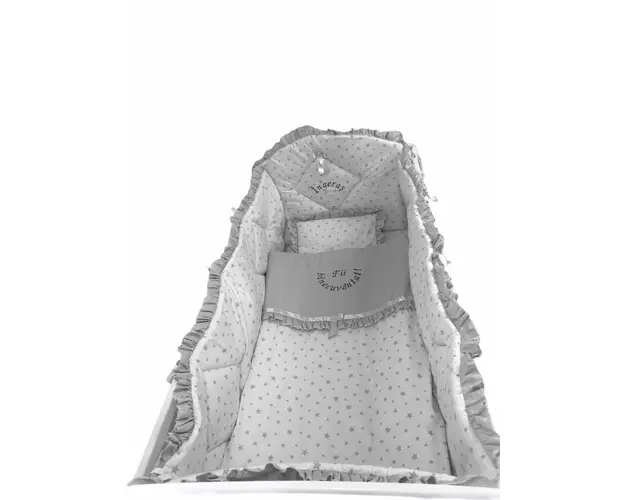 Lenjerie de pat bebelusi brodata Fii binecuvantat ingeras 120x60 cm stelute gri