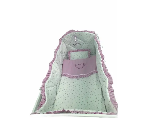 Lenjerie de pat bebelusi brodata Fii binecuvantat ingeras 140x70 cm stelute roz