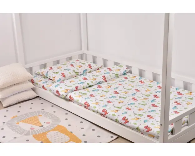 Lenjerie pat casuta 90x200 cm model dinozauri