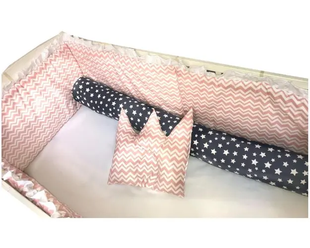 Lenjerie patut 120x60 cm 7 piese cu bumper Deseda Zig-Zag roz