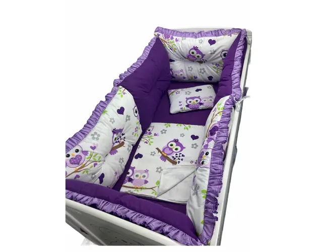 Lenjerie patut 120x60 cm cu 6 aparatori pufoase, cearsaf si paturica Bufnite violet