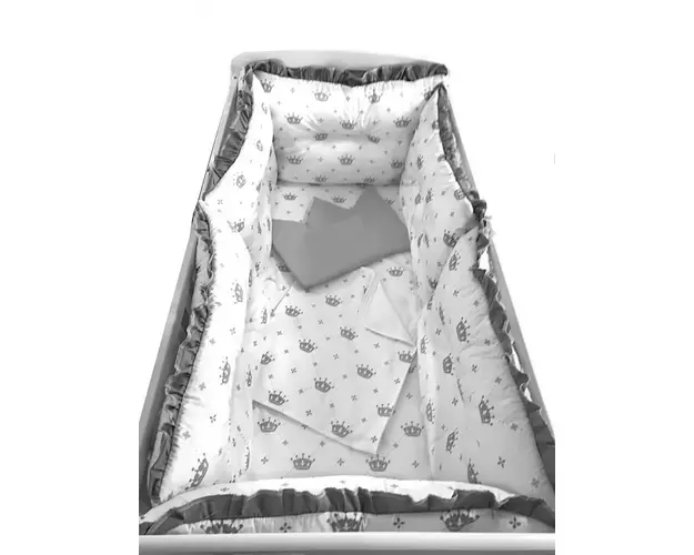 Lenjerie patut 120x60 cm cu 6 aparatori pufoase, cearsaf si paturica Coronite gri