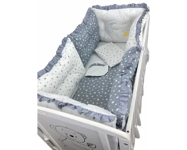 Lenjerie patut 120x60 cm cu 6 aparatori pufoase, cearsaf si paturica Mix stelute gri