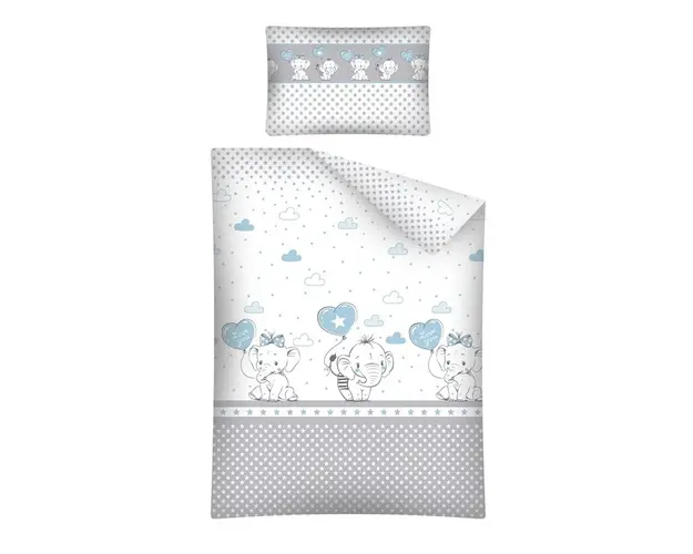 Lenjerie patut cu 3 piese 120x60 cm Elefant cu balon inima albastra