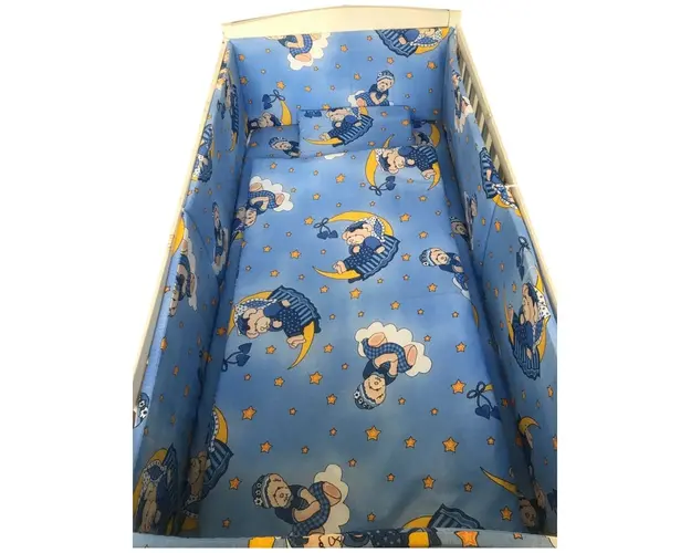 Lenjerie patut cu 5 piese Croitoria Noastra Bunicul Ursulet Albastru 120x60 cm
