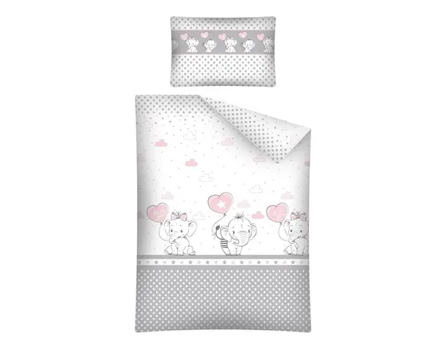 Lenjerie patut cu 5 piese 120x60 cm Elefant cu balon inima roz