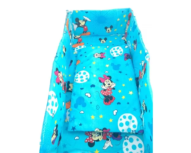 Lenjerie patut cu 5 piese Croitoria Noastra Mickey turquoise 140x70 cm