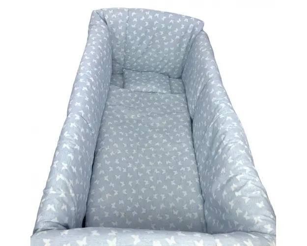 Lenjerie patut cu 5 piese si aparatori Maxi 140x70 cm Croitoria Noastra fluturi albi pe albastru deschis