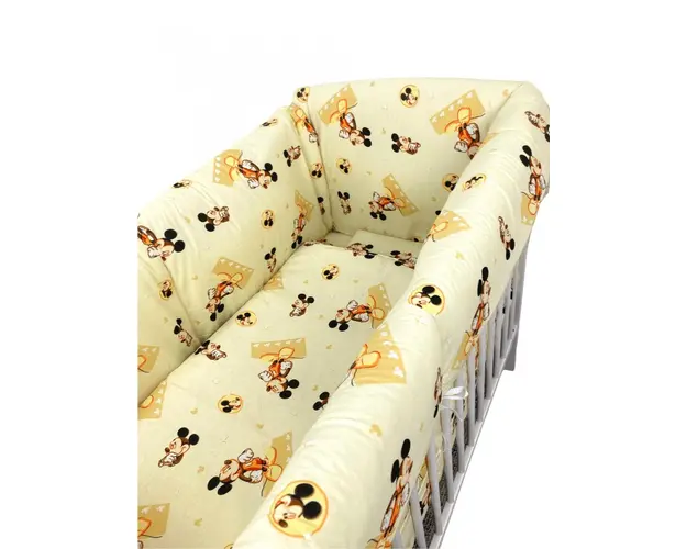 Lenjerie patut cu 5 piese si aparatori Maxi 140x70 cm Croitoria Noastra Mickey pe galben