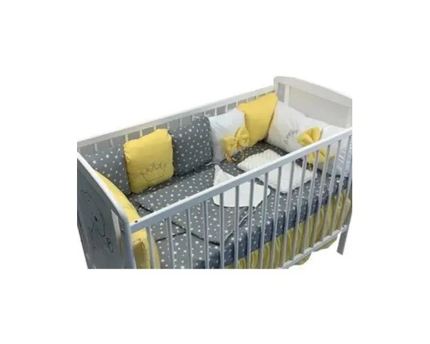 Lenjerie personalizata cu aparatori din 7 pernute pufoase Galben stelute pe gri 140x70 cm