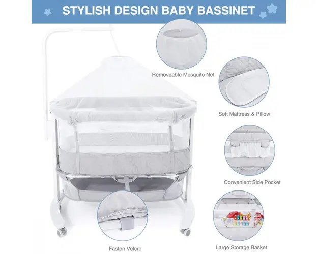 Patut Co-Sleeping cu doua nivele spatiu de depozitare si Baldachin Gri