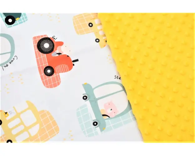 Paturica groasa nedetasabila model masinute si plus minky galben 75x100 cm