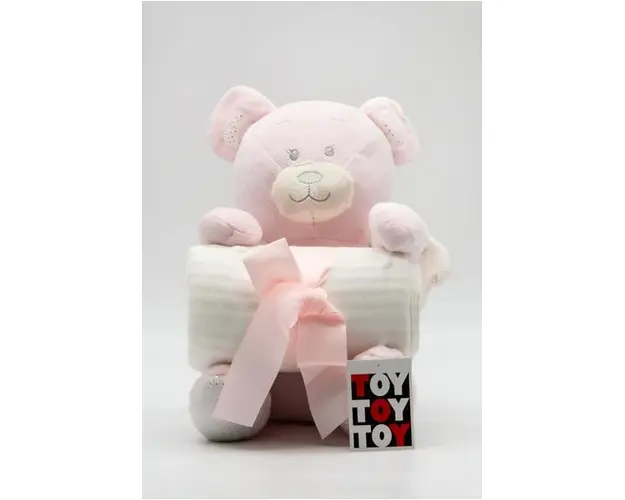 Paturica pufoasa cu jucarie TOY urs pink 26cm Hausmann