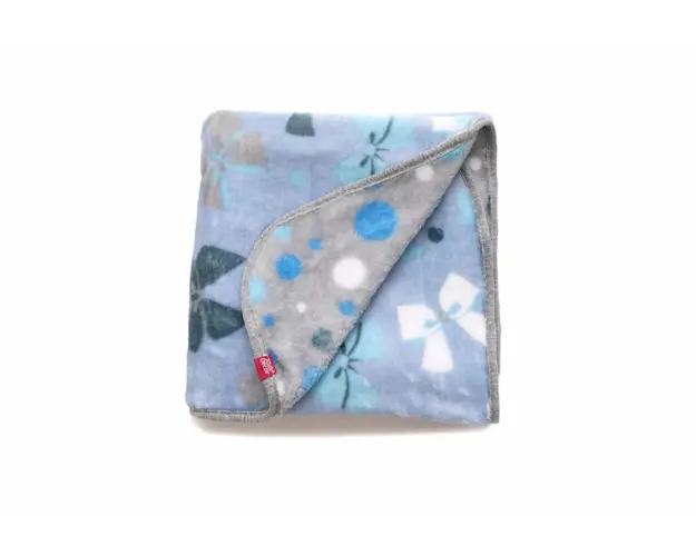 Paturica pufoasa de plus 2 fete bleu cu fundite si gri cu buline 75x75 cm