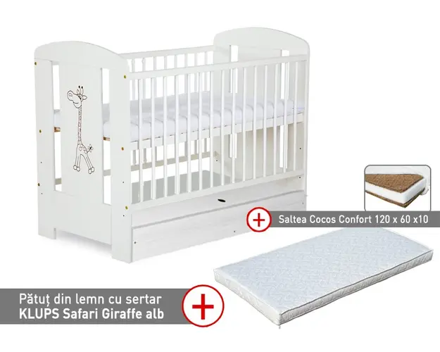 Patut cu sertar Klups Safari Giraffe Alb + Saltea 10 Confort II