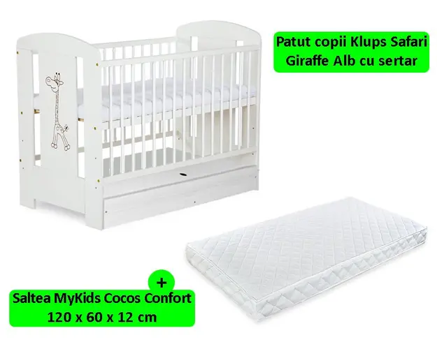 Patut cu sertar Klups Safari Giraffe alb + saltea 12