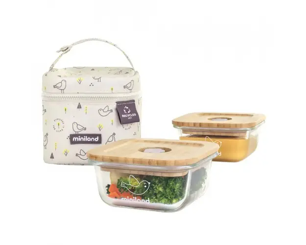 Set 2 recipiente sticla cu capac bambus si gentuta izoterma 2x210 ml Chick